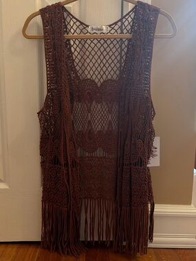 Brown Crochet Fringe Vest/Cover Up